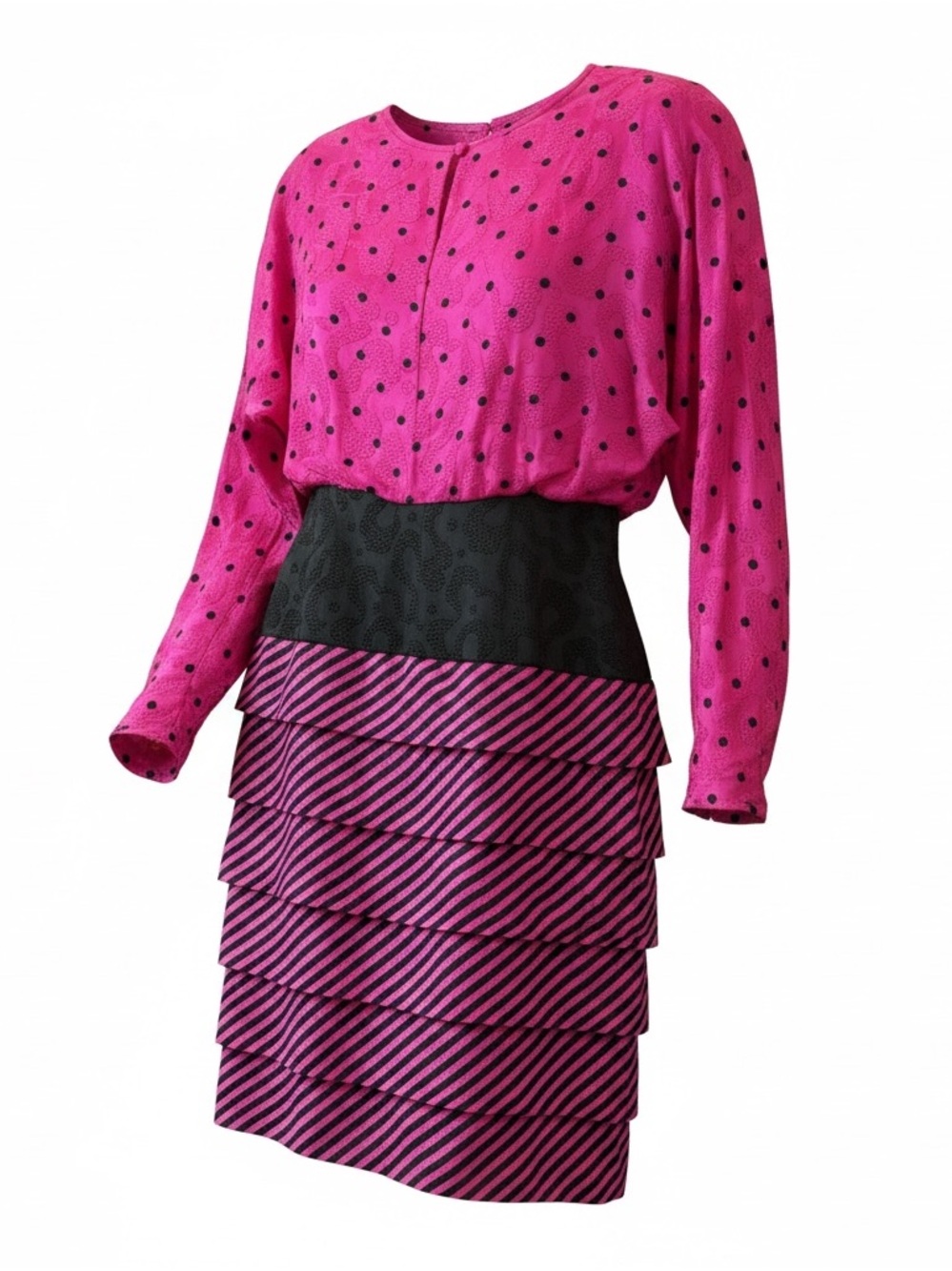 Vintage 1980s A.J. Bari Hot Pink Blk 100% Silk Layered Ruffle Pencil Skirt Dress